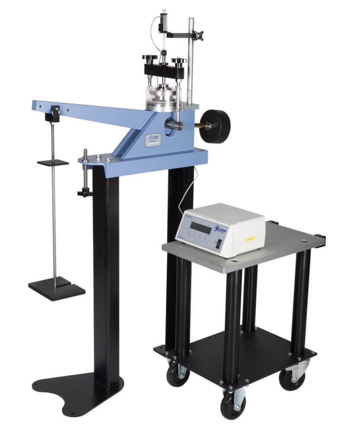Dead-Weight Consolidation Load Frame shown with Frame Stand, Fixed Ring Consolidometer, LVDT, and Digital Readout (cart is user supplied)