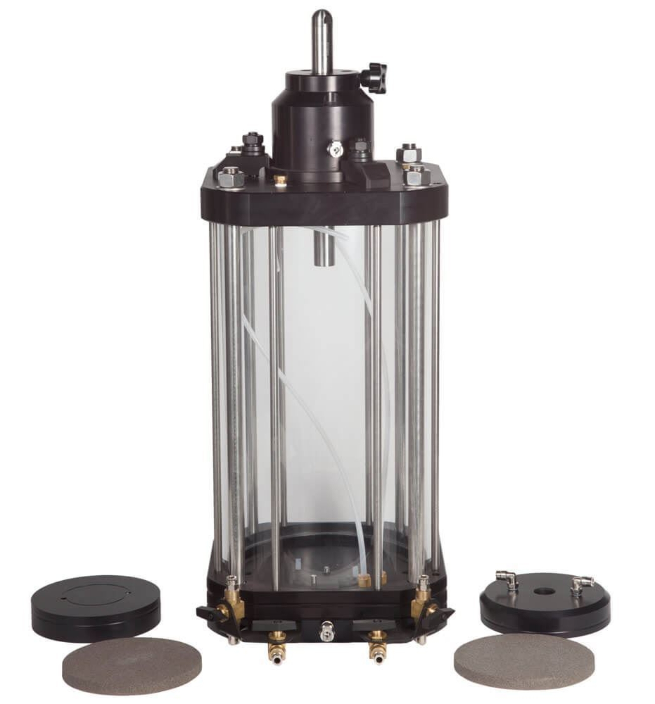 Triaxial Cell for 6.0in diameter specimens with anodized aluminum Cap and Pedestal, and two Porous Stones (Cap, Pedestal and Stones sold separately)