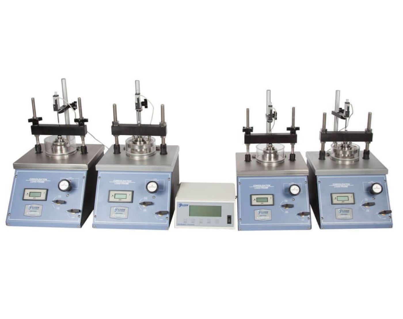 Four Channel Data Readout shown with four Pneumatic Consolidation Load Frames, Consolidometers, and Linear Variable Displacement Transducers (Load Frames and components sold separately)