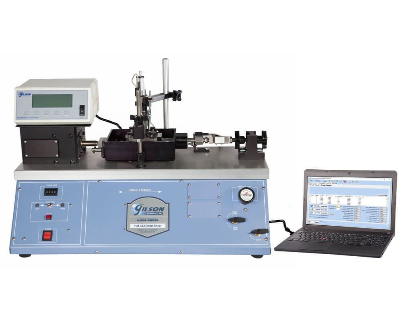 Direct / Residual Shear Data Acquisition Software shown with computer and testing equipment (Computer and Testing Hardware sold separately)