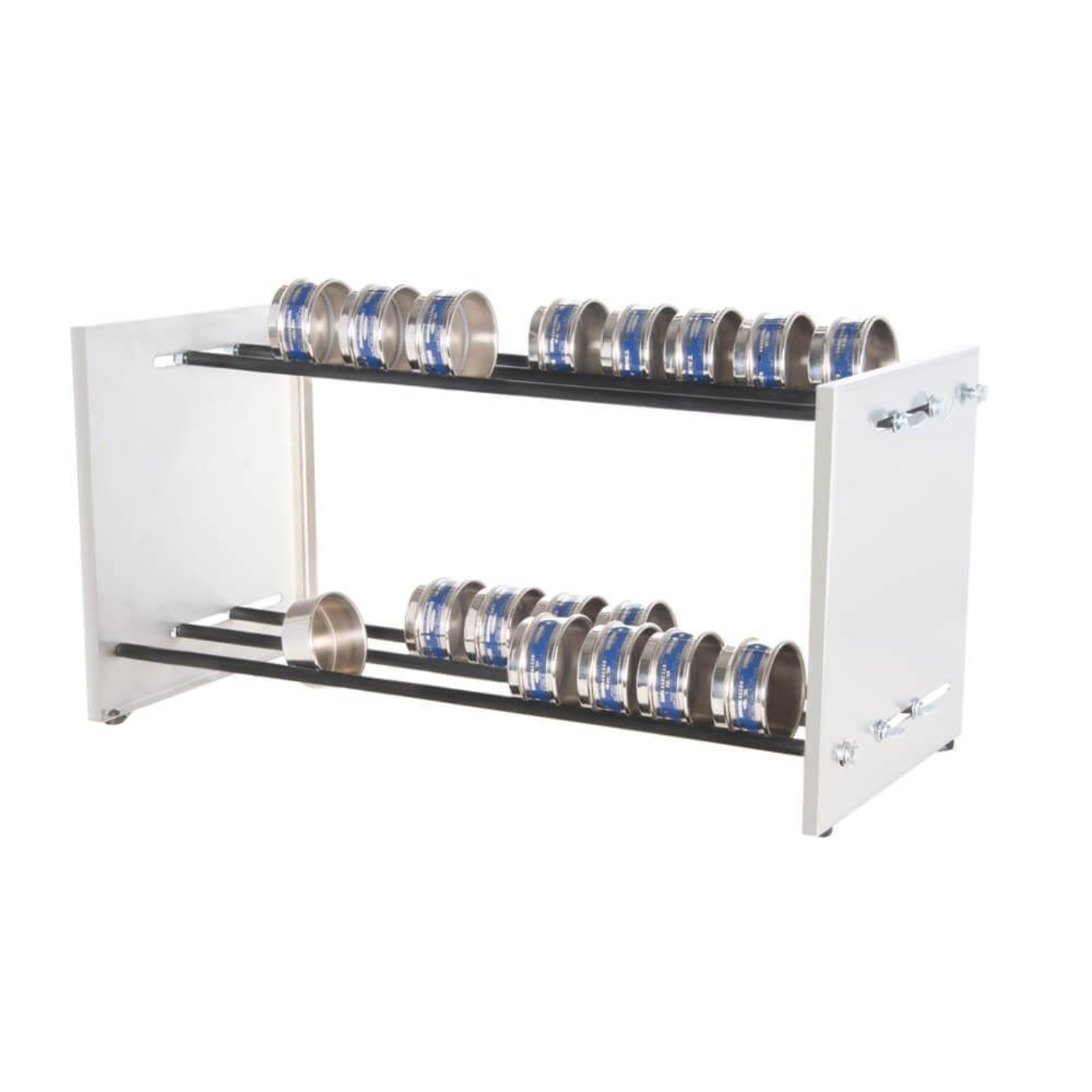 Support Rod Set shown with Adjustable Bench Sieve Rack, 3in sieves and pan (Rack, sieves and pan sold separately)