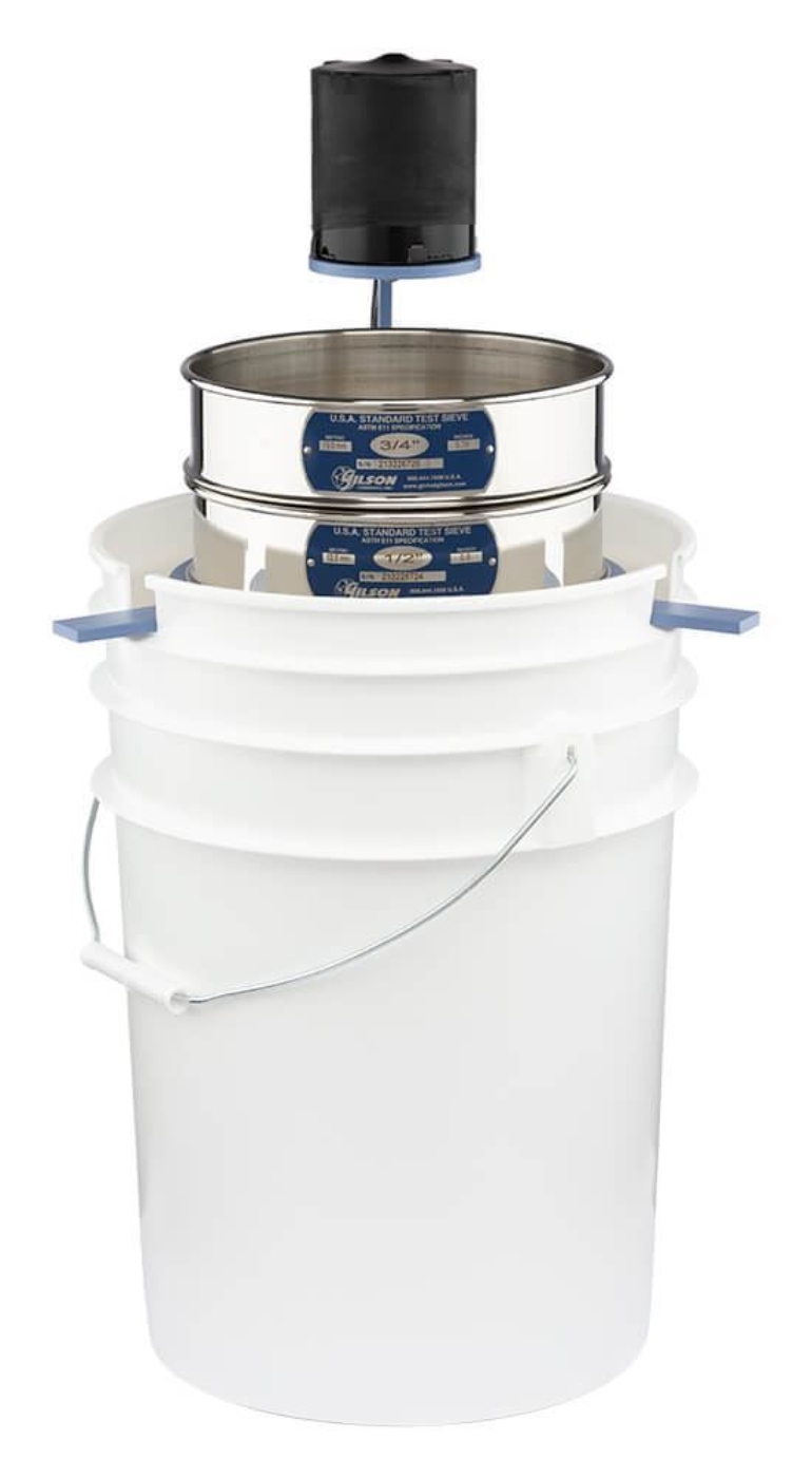 Notched Bucket shown with SS-23 Wet/Dry 8in Sieve Vibrator and ASTM Stainless Steel Sieve