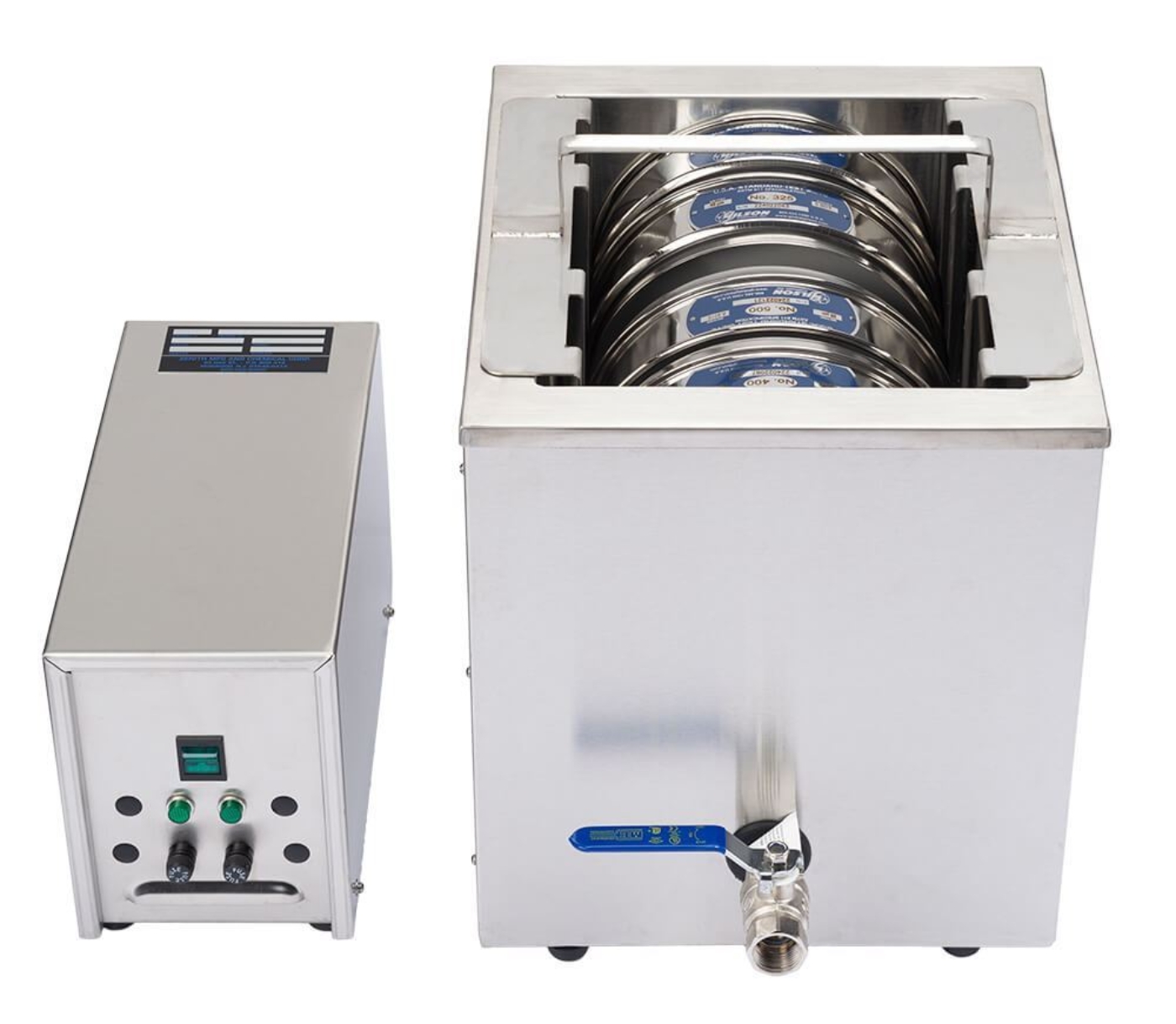 4gal Ultrasonic 8in Sieve Cleaner shown with sieves