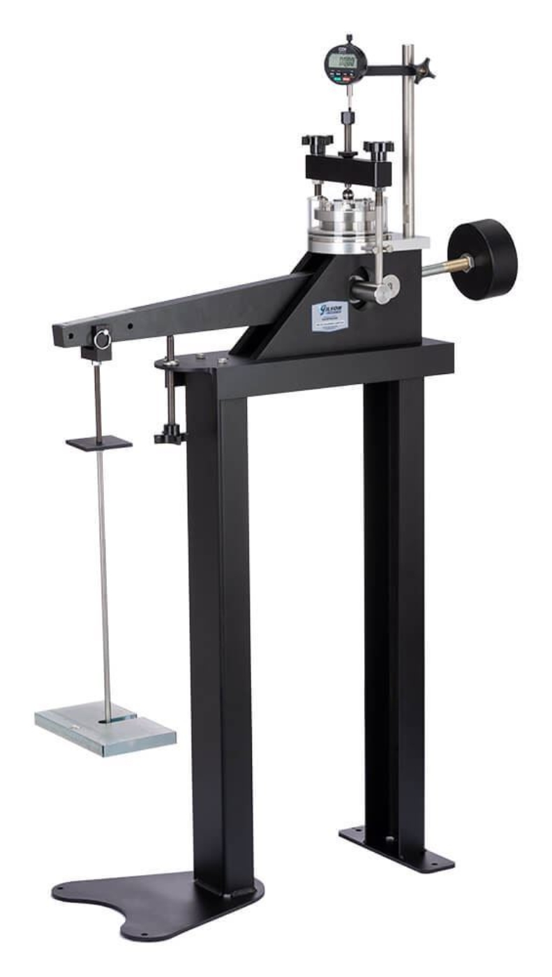 Dead-Weight Consolidation Load Frame shown with Frame Stand, Fixed Ring Consolidometer, Digital Dial Indicator, and a Weight
