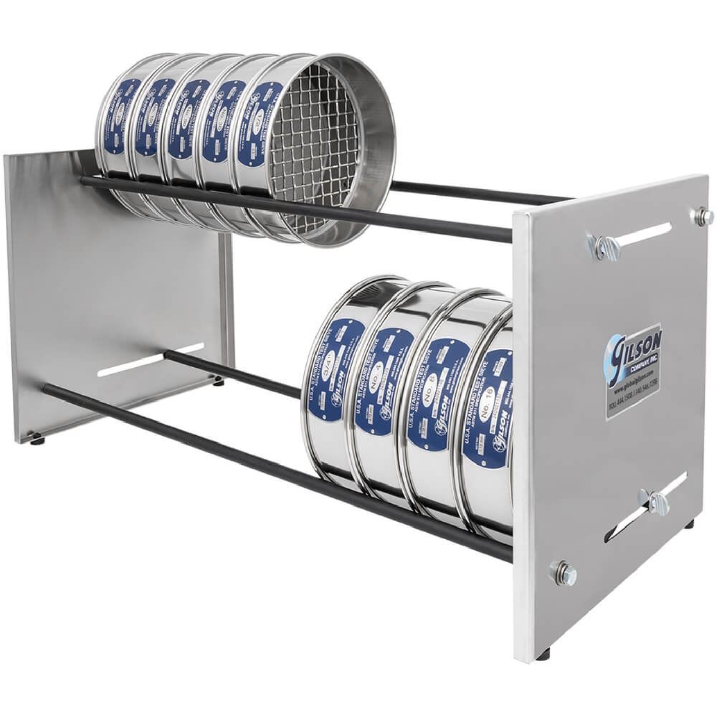 Adjustable Bench Sieve Rack shown with 8in sieves (Sieves not included)