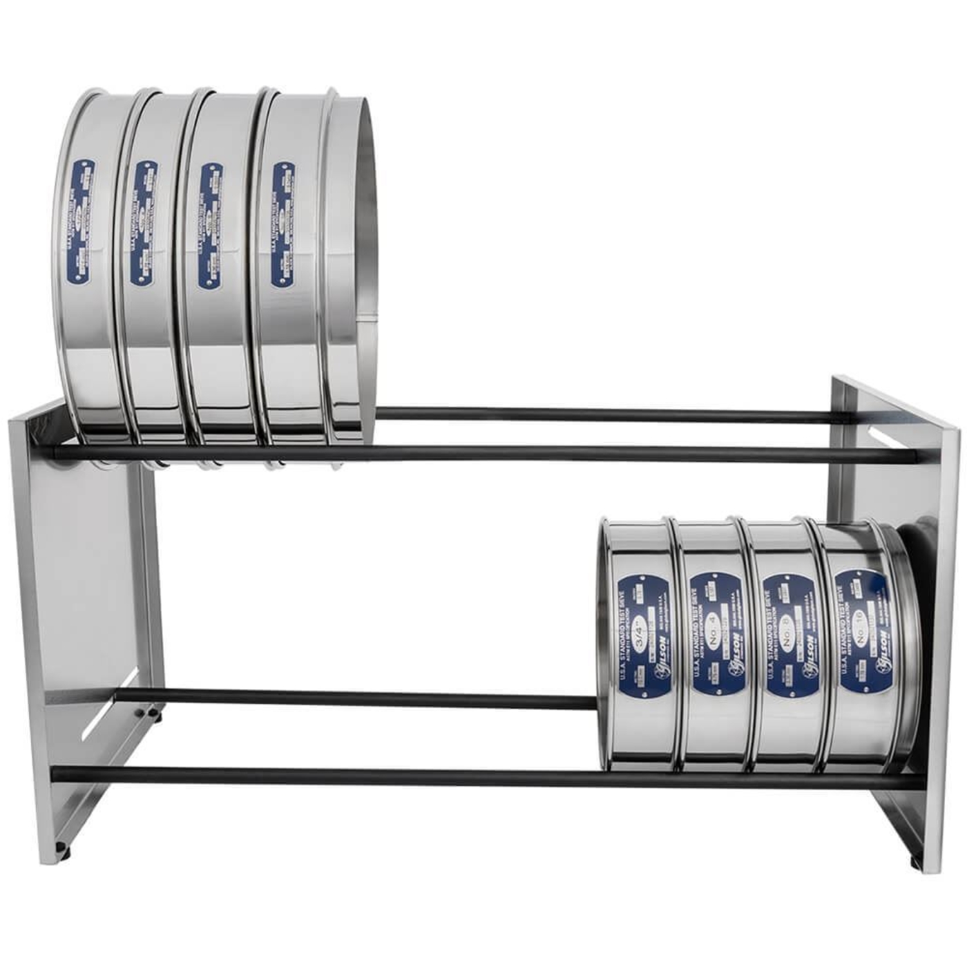 Adjustable Bench Sieve Rack shown with 8in and 12in sieves (Sieves not included)