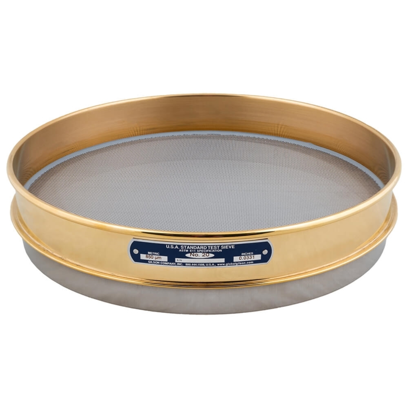 12in Sieve, Brass/Stainless, Half-Height, No.20