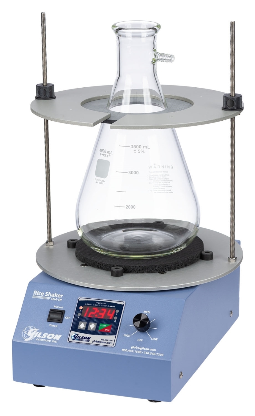 Gilson Rice Shaker shown with GW-76 Filter Flask and SGA-8 Adapter Set (Flask and adapter set sold separately)