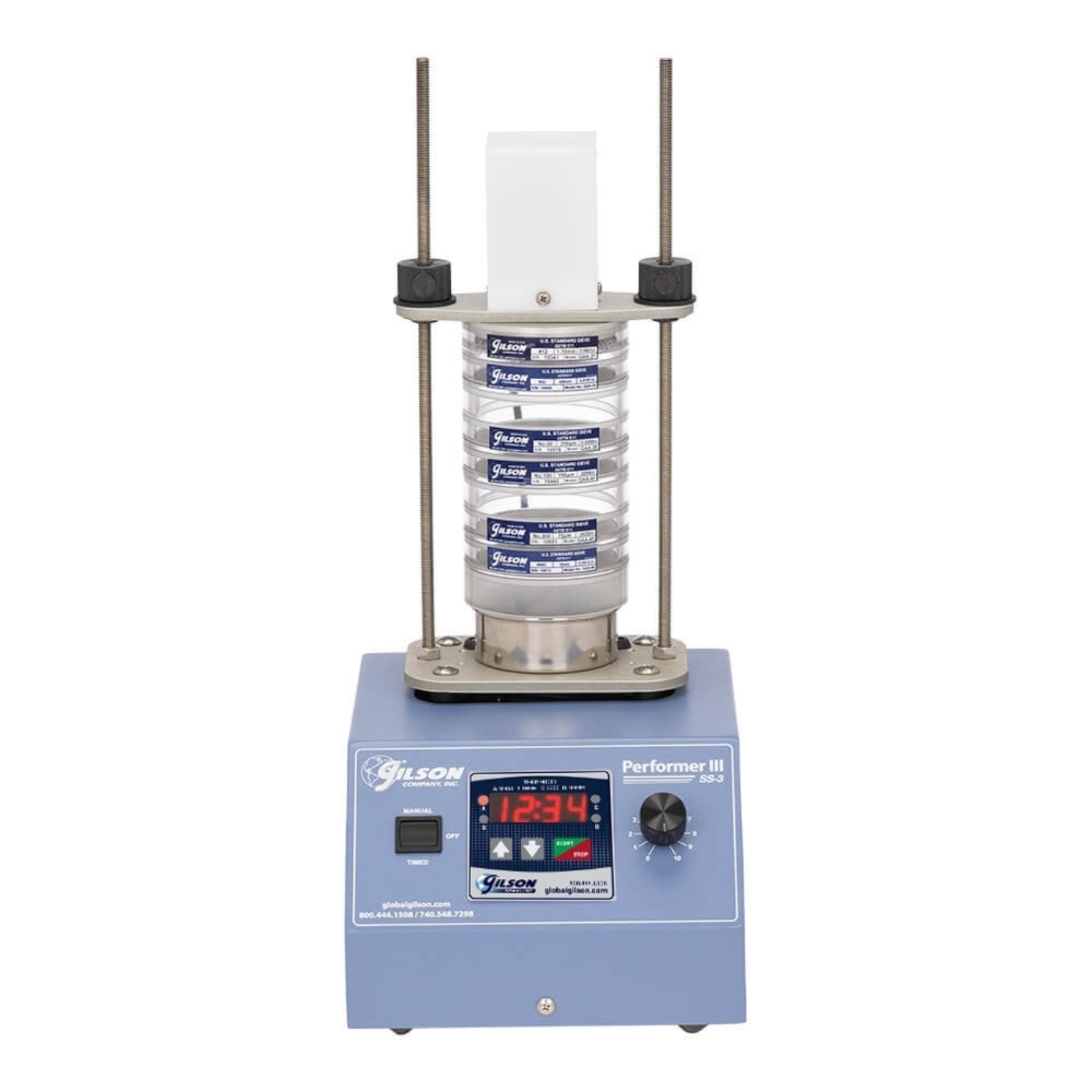 Gilson 3in Vibratory Sieve Shaker shown with 3in Acrylic Test Sieves (Sieves sold separately)